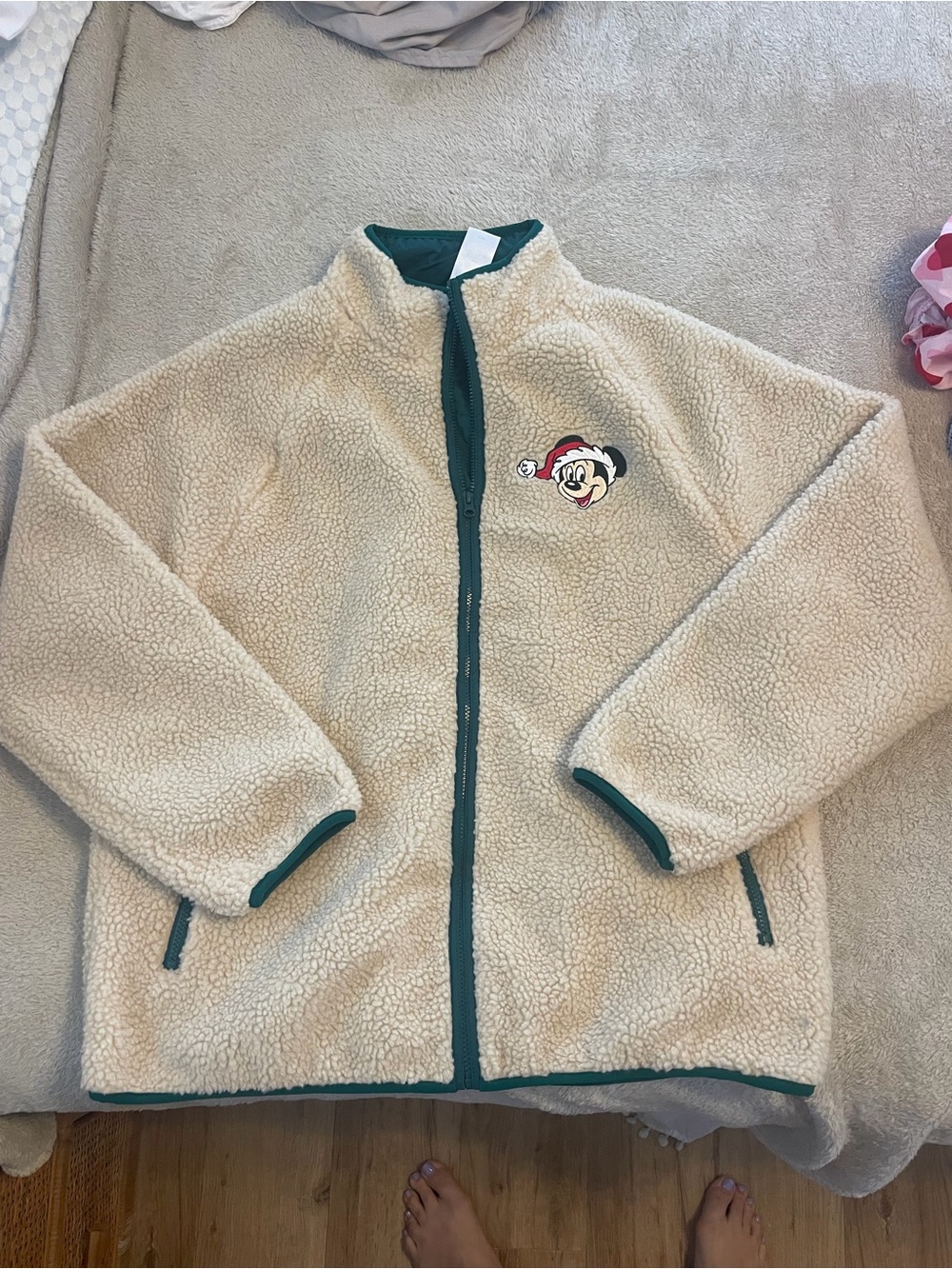 NWT Cream Sherpa Mickey Mouse Jacket with Green Trim